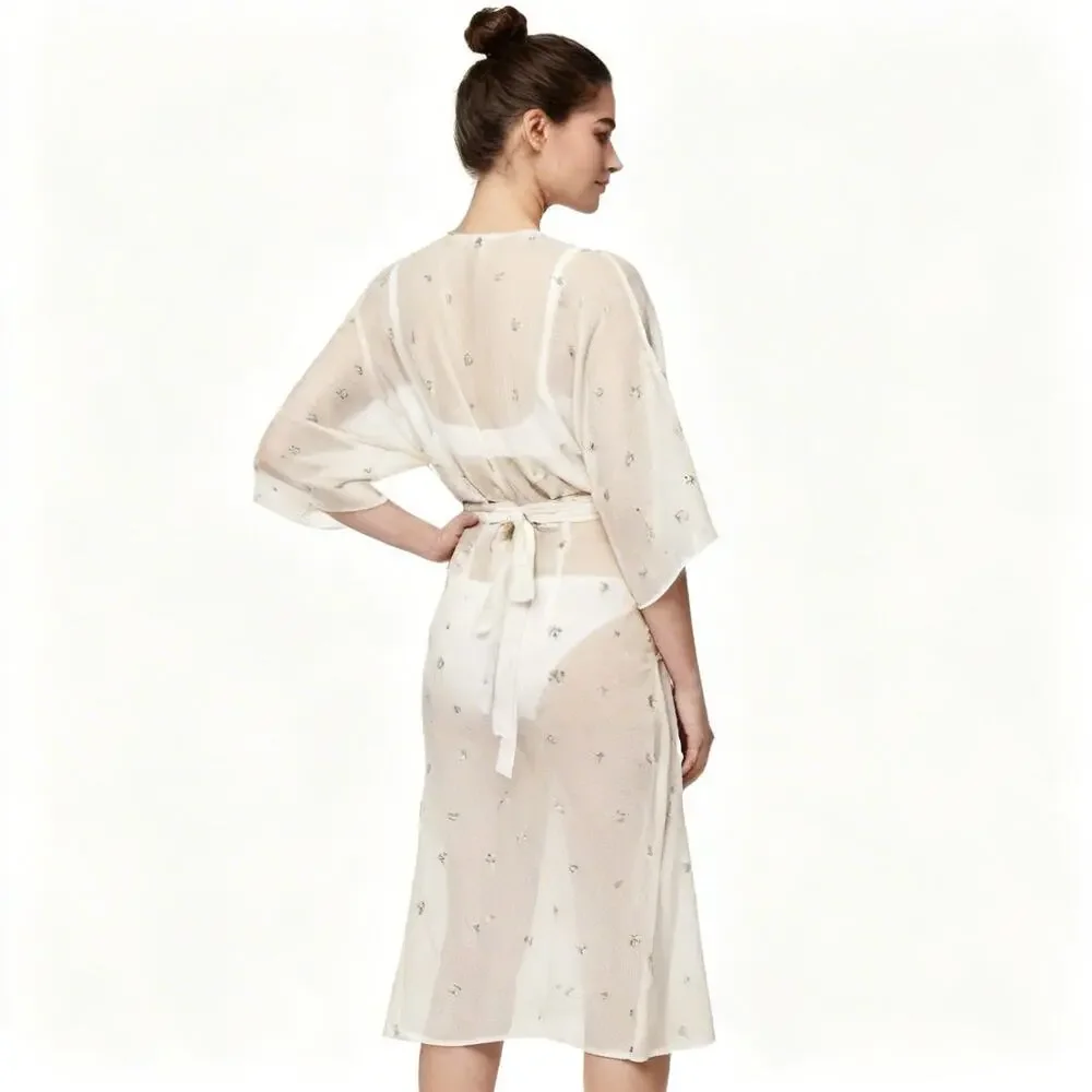 Victoria's Secret Chiffon Floral Embroidered Accents Long Robe, M/L